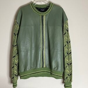 VTG Saxony collection Leather knit men L Jacket sweater90s Coogi style Geo sleev